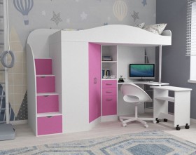 Кровать-чердак Юниор-4 Белое дерево/Розовый в Тевризе - tevriz.katalogmebeli.com | фото 1
