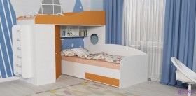 Кровать-чердак Кадет-2 угловая с металлической лестницей Белое дерево/Оранжевый в Тевризе - tevriz.katalogmebeli.com | фото 1