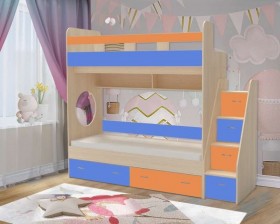 Кровать двухъярусная Юниор-1  с бортиком Дуб молочный/Голубой/Оранжевый в Тевризе - tevriz.katalogmebeli.com | фото