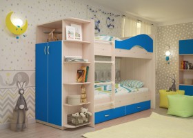 Кровать Мая двухъярусная с ящиками и шкафом Млечный дуб/Голубой в Тевризе - tevriz.katalogmebeli.com | фото