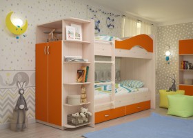 Кровать Мая двухъярусная с ящиками и шкафом Млечный дуб/Оранжевый в Тевризе - tevriz.katalogmebeli.com | фото