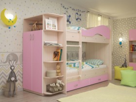 Кровать Мая двухъярусная с ящиками и шкафом Млечный дуб/Розовый в Тевризе - tevriz.katalogmebeli.com | фото