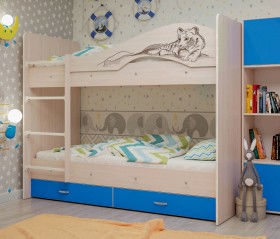 Кровать Мая-Сафари двухъярусная с ящикамиМлечный дуб/Голубой в Тевризе - tevriz.katalogmebeli.com | фото
