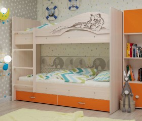 Кровать Мая-Сафари двухъярусная с ящикамиМлечный дуб/Оранжевый в Тевризе - tevriz.katalogmebeli.com | фото 1