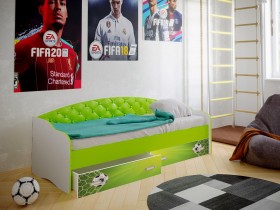 Кровать Софа-8 с мягкой спинкой фотопечать Футбол (900х1900) Белый/Лайм в Тевризе - tevriz.katalogmebeli.com | фото