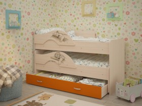 Кровать выкатная Радуга-Сафари детская 1600 Млечный дуб/Оранжевый в Тевризе - tevriz.katalogmebeli.com | фото 1