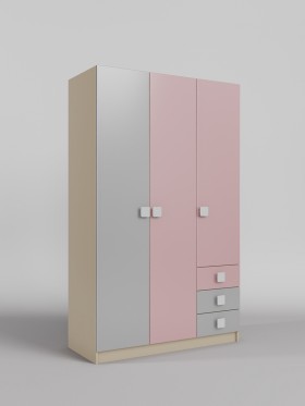 Шкаф 3-х створчатый с ящиками Грэйси (Розовый/Серый/корпус Клен) в Тевризе - tevriz.katalogmebeli.com | фото
